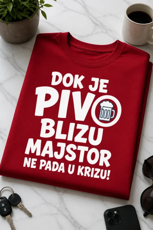 Majica za majstore s natpisom DOK JE PIVO BLIZU MAJSTOR NE PADA U KRIZU!