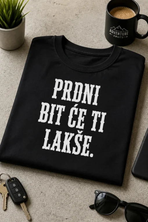 Majica s natpisom PRDNI BIT ĆE TI LAKŠE. u minimalističkom tipografskom dizajnu
