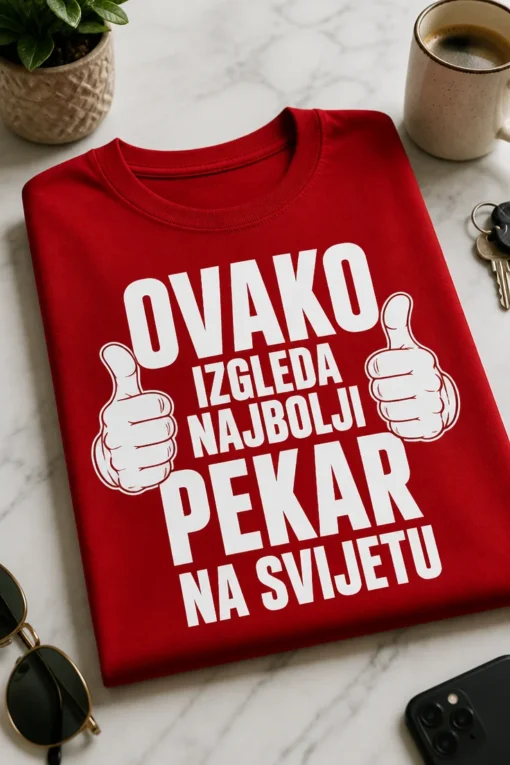 Majica s natpisom OVAKO IZGLEDA NAJBOLJI PEKAR NA SVIJETU i ilustracijama palca gore