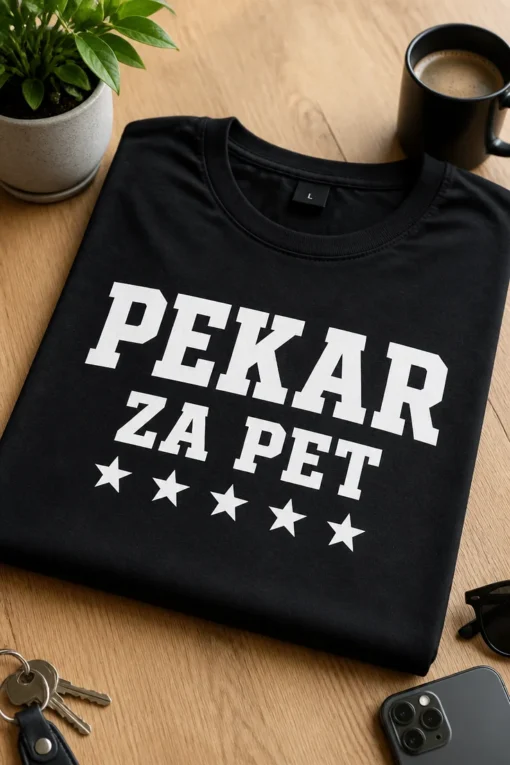 Majica s natpisom PEKAR ZA PET i pet zvjezdica u tipografskom dizajnu