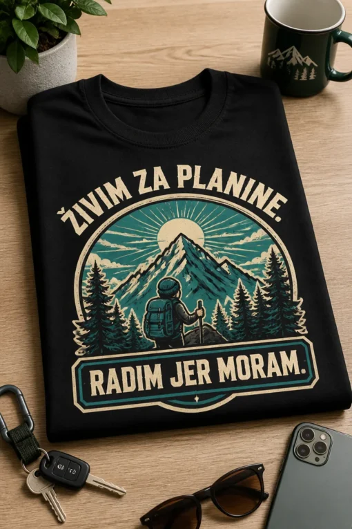 Crna majica za planinarenje s natpisom Živim za planine. Radim jer moram. i ilustracijom planinskog bedža