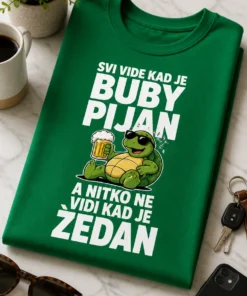 Majica s natpisom SVI VIDE KAD JE BUBY PIJAN A NITKO NE VIDI KAD JE ŽEDAN