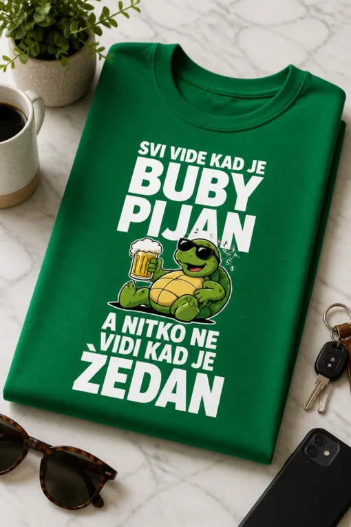 Majica s natpisom SVI VIDE KAD JE BUBY PIJAN A NITKO NE VIDI KAD JE ŽEDAN