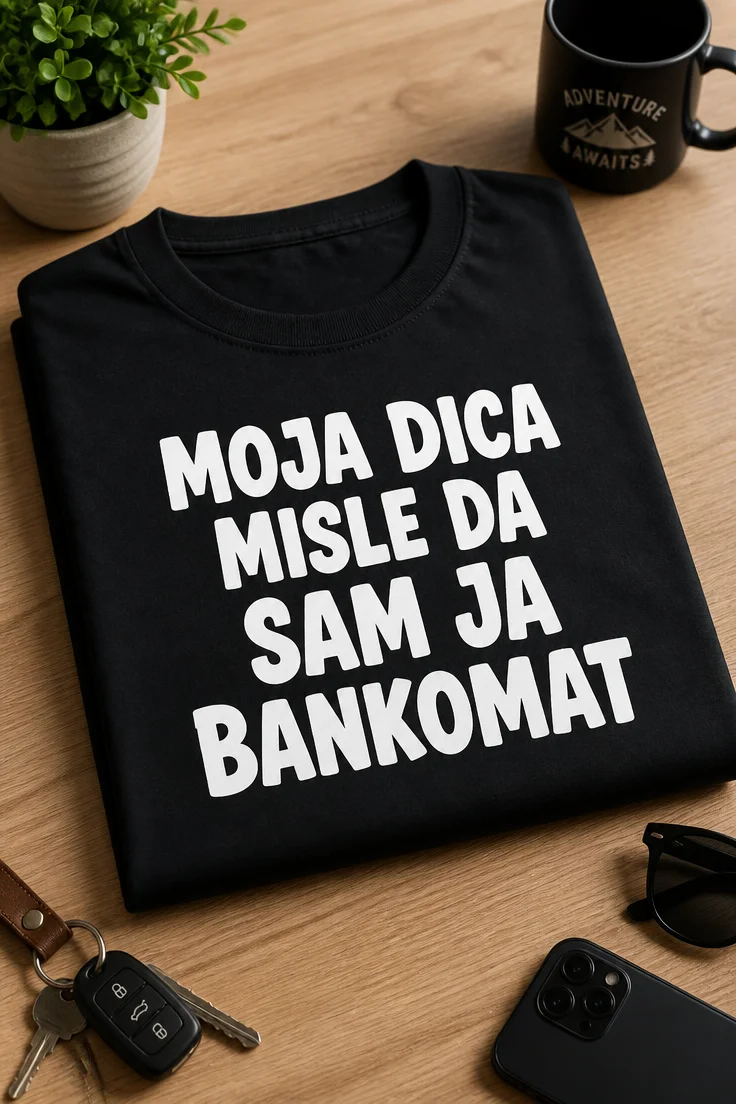 Majica s natpisom MOJA DICA MISLE DA SAM JA BANKOMAT u bijelom tipografskom dizajnu