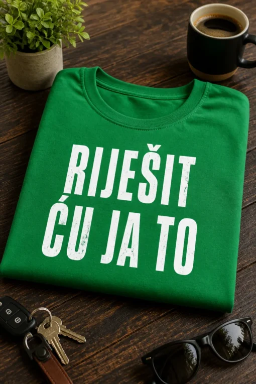 Majica s natpisom RIJEŠIT ĆU JA TO u upečatljivom tipografskom dizajnu