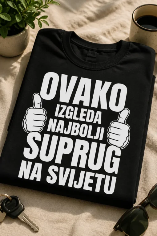Majica za supruga s natpisom OVAKO IZGLEDA NAJBOLJI SUPRUG NA SVIJETU i ilustracijama palca gore