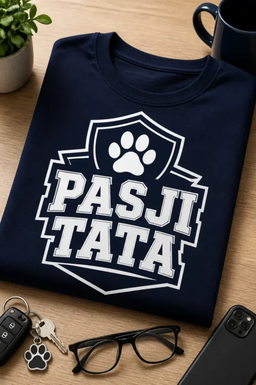 Majica s natpisom Pasji tata, sportski shield motiv s psećom šapom u navy i bijeloj boji