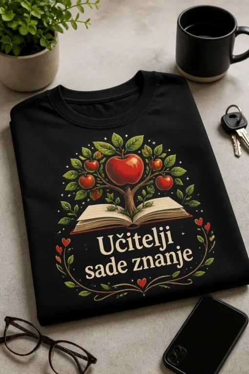 Majica za učitelje s motivom otvorene knjige iz koje raste stablo jabuke i natpisom Učitelji sade znanje.