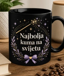 Elegantna mug šalica za kumu s natpisom Najbolja kuma na svijetu, lavandom i zlatnim zvjezdicama