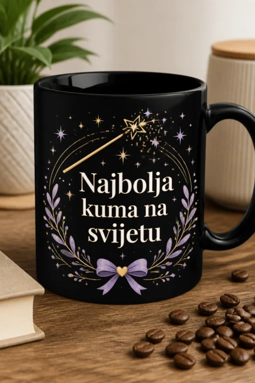 Elegantna mug šalica za kumu s natpisom Najbolja kuma na svijetu, lavandom i zlatnim zvjezdicama