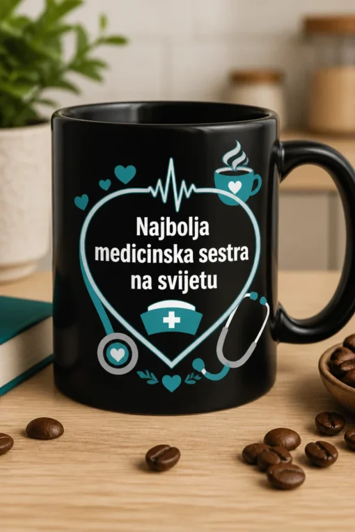 Mug za medicinsku sestru s natpisom Najbolja medicinska sestra na svijetu, EKG linijom u obliku srca i detaljem pare kave u teal i bijeloj boji