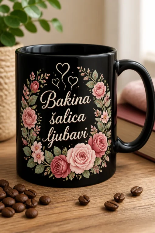 Mug za baku s natpisom Bakina šalica ljubavi, cvjetnim vijencem i srcastim parama u rose i sage paleti