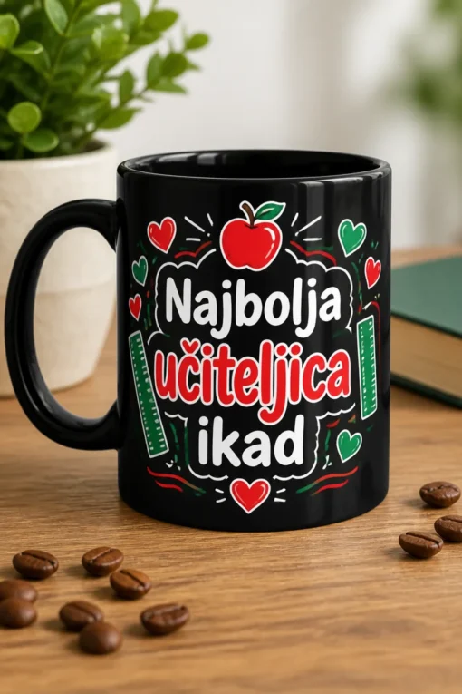 Mug s natpisom Najbolja učiteljica ikad, uz jabuku, ravnalo i srca u crveno-zeleno-bijelom školskom stilu